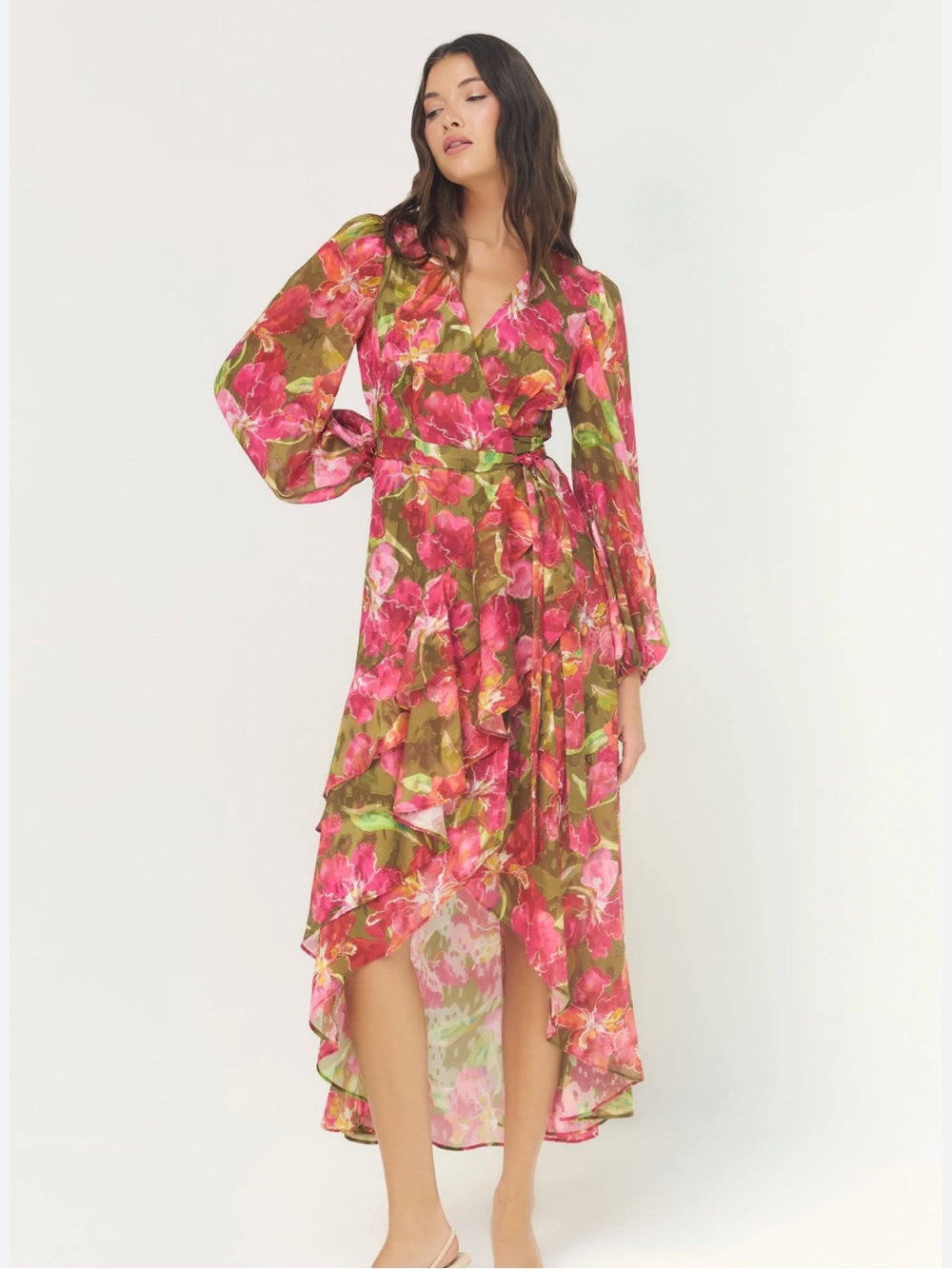 HUTCH Sadie Floral Wrap High-Low Dress in Pink and Green